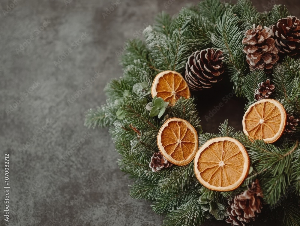 Christmas wreaths made of pine branches and dried oranges, creating a festive natural decor Christmas wreaths made of pine branches and dried oranges, creating a festive natural decor