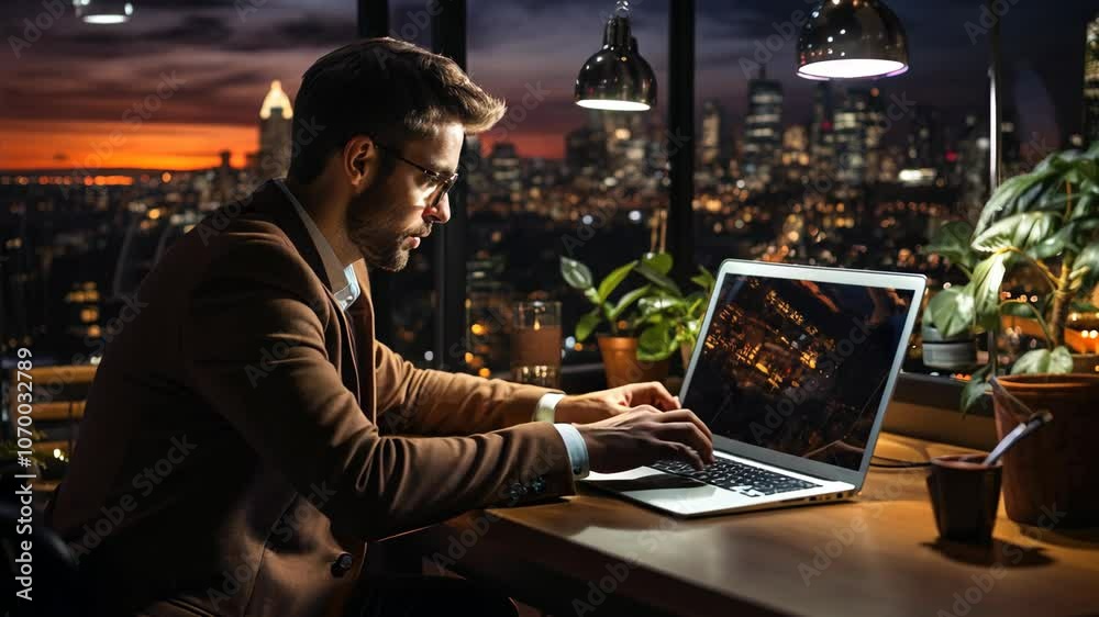 A man working late at night on a laptop with city skyline view A man working late at night on a laptop with city skyline view