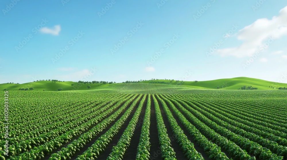 Stunning rolling hills of green fields with neatly planted rows of crops, exemplifying the essence of sustainable agriculture. Stunning rolling hills of green fields with neatly planted rows of crops, exemplifying the essence of sustainable agriculture.