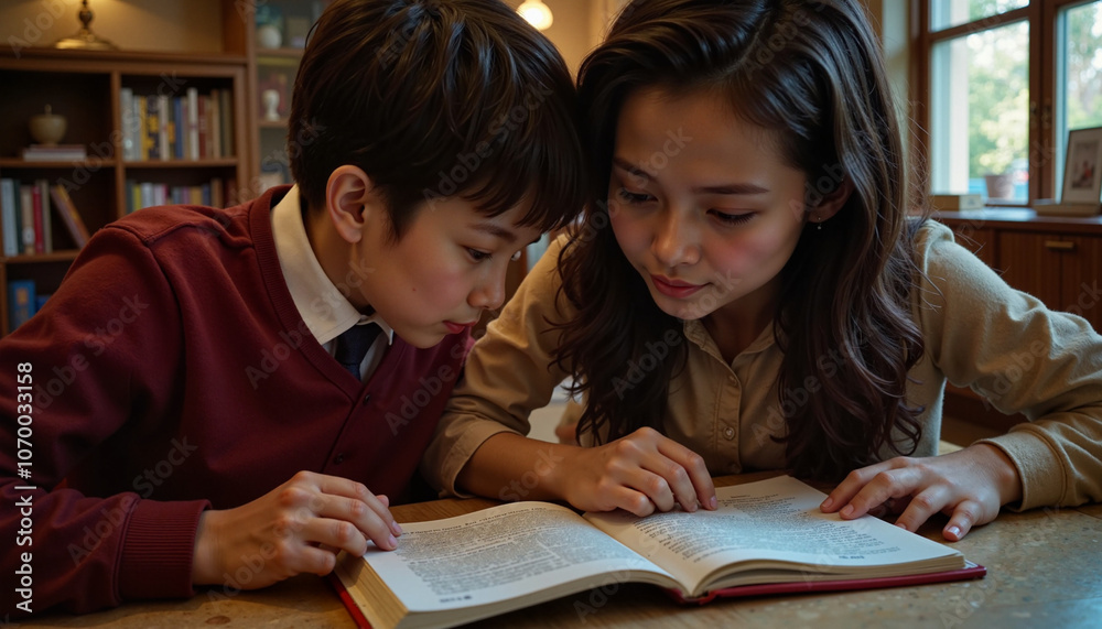 Young students studying together in a cozy library setting, engaged in reading Young students studying together in a cozy library setting, engaged in reading