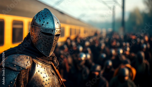 Medieval knight in armor, group of warriors in background photo