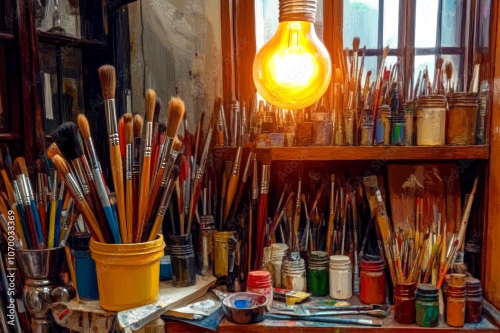 Cozy Artist's Workspace with Illuminated Light Bulb and Autumn View Cozy Artist's Workspace with Illuminated Light Bulb and Autumn View