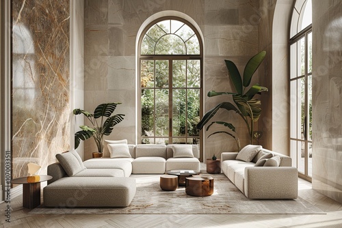 image of living room with soft beige furniture in a light luxury interior design of a modern apartment in a minimalist style with marble trim and huge windows. daylight inside.