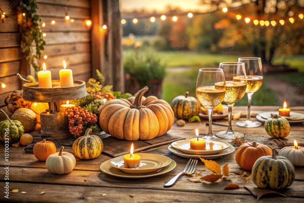 Cozy Fall Table Decoration for Thanksgiving Family Dinner with Small Pumpkins, Candles, White Wine in a Beautiful Countryside Setting for an Elegant Autumn Wedding Outdoors Cozy Fall Table Decoration for Thanksgiving Family Dinner with Small Pumpkins, Candles, White Wine in a Beautiful Countryside Setting for an Elegant Autumn Wedding Outdoors