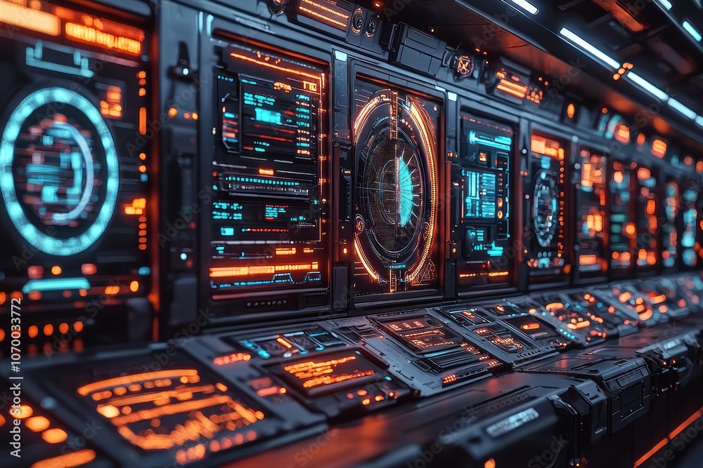 Obraz premium Futuristic Control Panel with Glowing Orange and Blue Interfaces