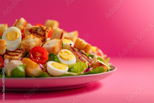 Fresh Salad with Croutons, Eggs, and Cherry Tomatoes on Pink Background