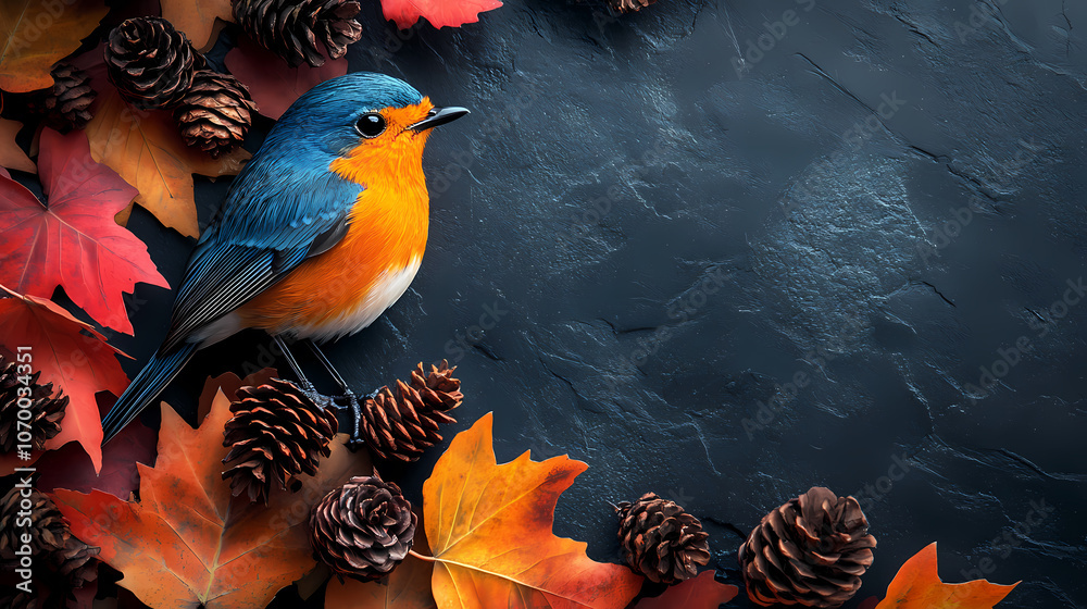 Fototapeta premium Colorful Bird with Autumn Leaves and Pine Cones on Dark Background