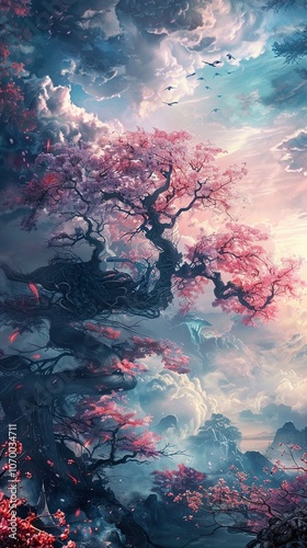 Dreamy Landscape with Cherry Blossom Tree and Mountains - Fantasy Art Print