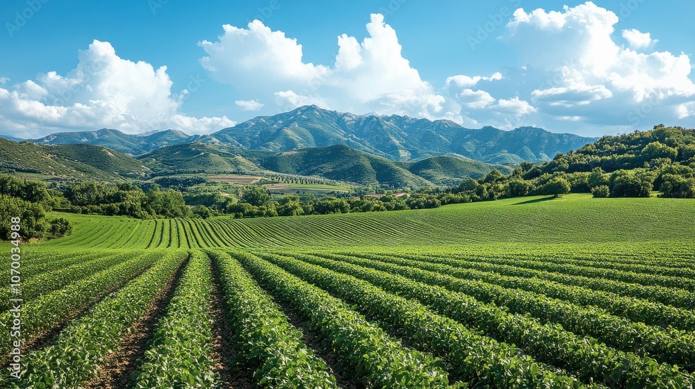 Green Agricultural Fields with Mountain Backdrop Green Agricultural Fields with Mountain Backdrop