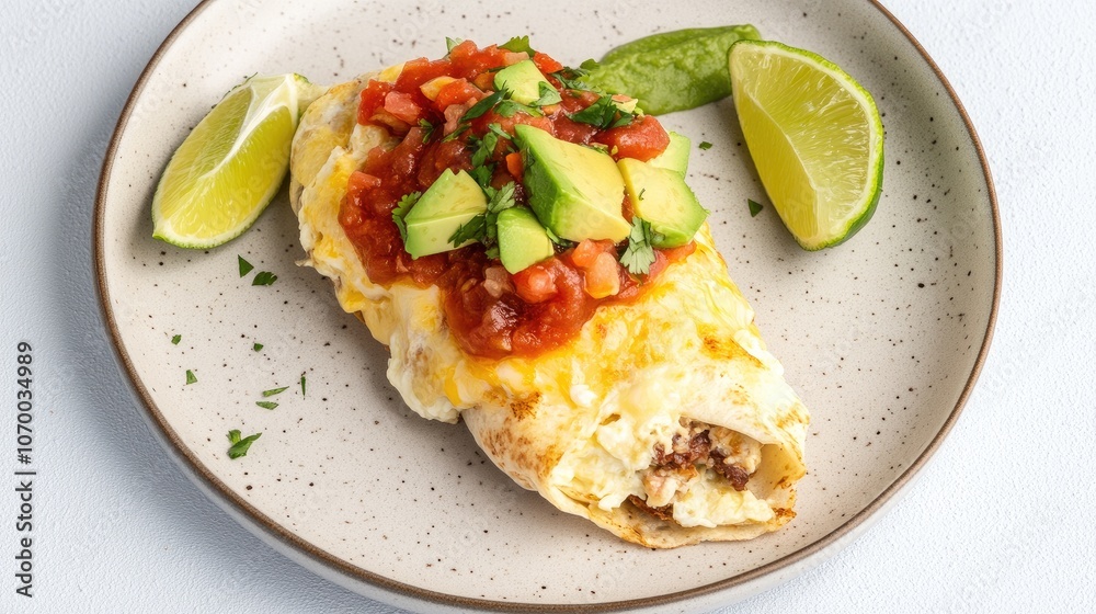 Savor the morning with a delicious breakfast burrito packed with scrambled eggs, avocado, salsa, and cheese, garnished with lime wedges Savor the morning with a delicious breakfast burrito packed with scrambled eggs, avocado, salsa, and cheese, garnished with lime wedges