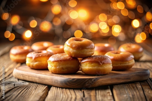 Delicious Glazed Doughnut Bites on a Rustic Wooden Table with a Bokeh Effect for a Sweet Snack Treat Display