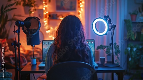 Female content creator in cozy home studio, focused on setting up microphone, ring light, and laptop for a professional recording session, captured at a three-quarter angle.