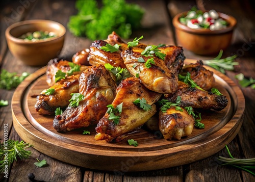 Deliciously Grilled Chicken Wings with Fresh Herbs on a Rustic Wooden Plate, Ideal for Hearty Meals, Captured Using the Rule of Thirds for Perfect Composition