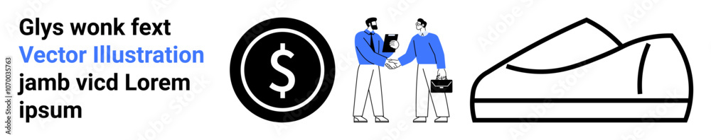Two people shaking hands, a currency symbol in a circle, and a simple shoe icon. Ideal for business agreements, partnerships, finance, commerce, fashion, casual lifestyle, marketing elements. Landing Two people shaking hands, a currency symbol in a circle, and a simple shoe icon. Ideal for business agreements, partnerships, finance, commerce, fashion, casual lifestyle, marketing elements. Landing