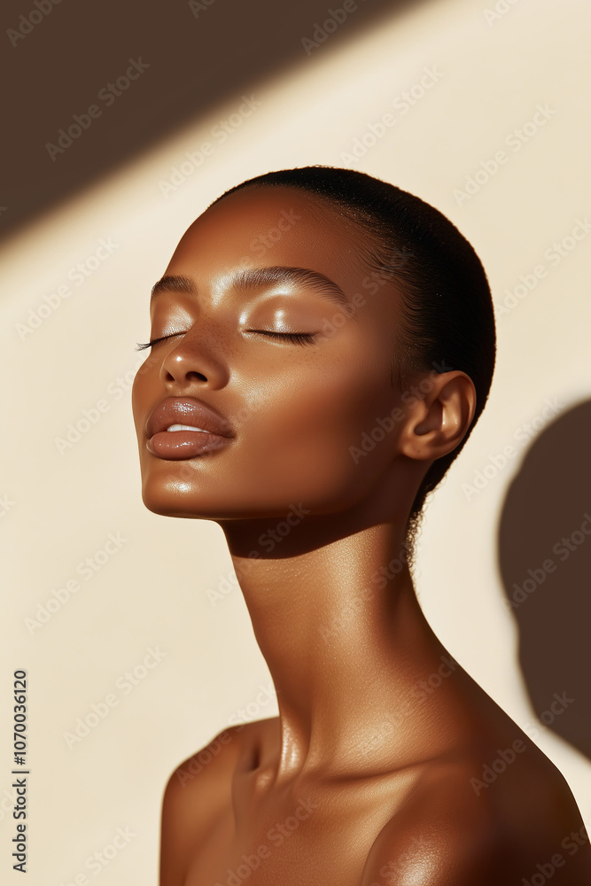 Beautiful African-American woman in a sunlit studio, showcasing luminous skin with soft, warm shadows.