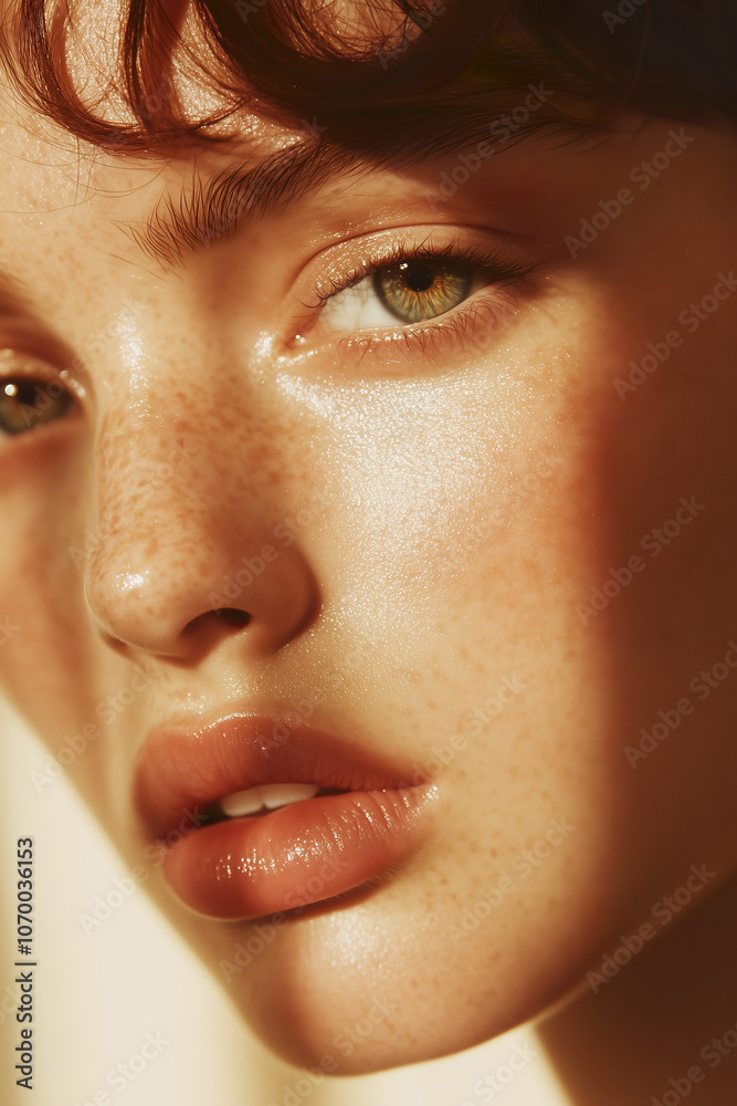 Freckled, green-eyed woman basking in warm, sunlit shadows, revealing healthy, glowing skin.