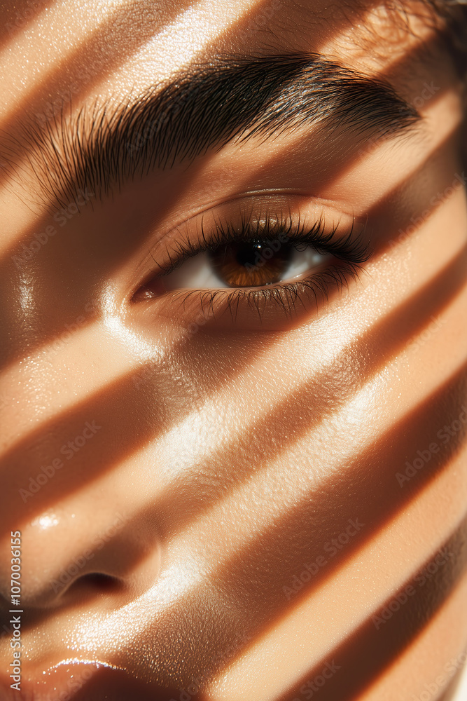 Stunning African-American woman highlighted by sunlight, casting warm shadows on luminous skin.