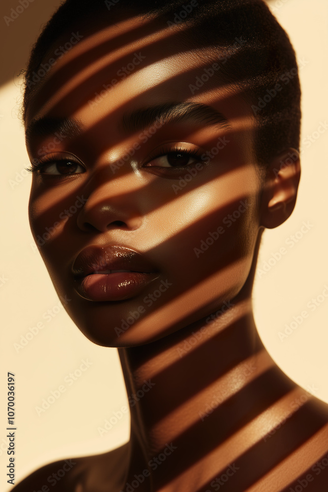 Beautiful African-American woman with brown eyes, enjoying sunlight casting warm shadows on her skin.