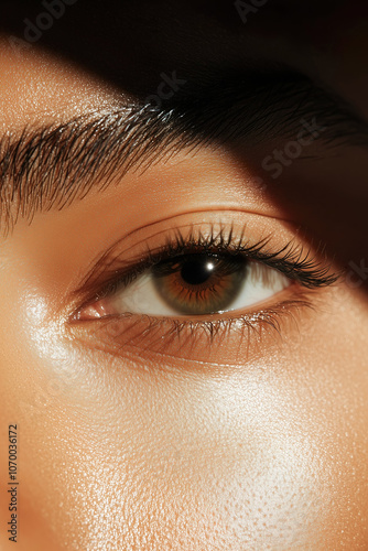 Radiant African-American woman with warm shadows cast on her glowing skin in an indoor setting.