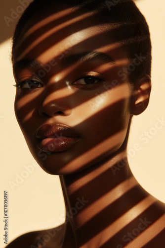 Obraz na płótnie Beautiful African-American woman with brown eyes, enjoying sunlight casting warm shadows on her skin. w salonie