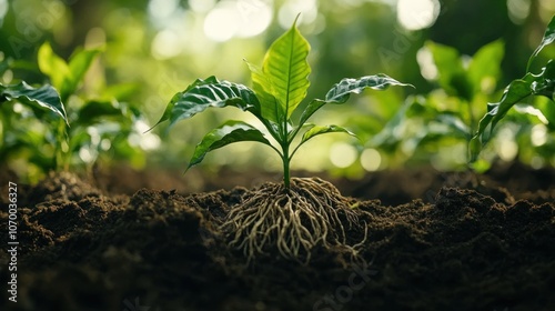 Young coffee plant with visible roots growing in rich soil.