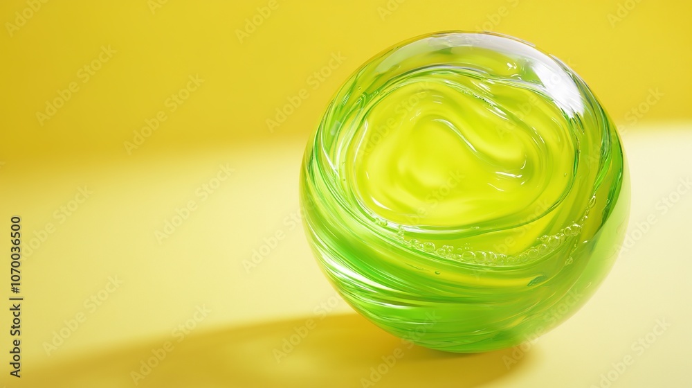 Abstract Marketing Background Featuring a Spherical 3D Render of a Green Transparent Skincare Essence on a Light Yellow Background. This Minimalist Design Highlights Advanced Technology and Realism, S Abstract Marketing Background Featuring a Spherical 3D Render of a Green Transparent Skincare Essence on a Light Yellow Background. This Minimalist Design Highlights Advanced Technology and Realism, S