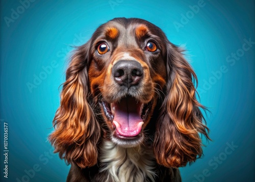 Happy English Cocker Spaniel Portrait with Surprised Expression Against Blue Background - Perfect for Pet Lovers and Dog Enthusiasts