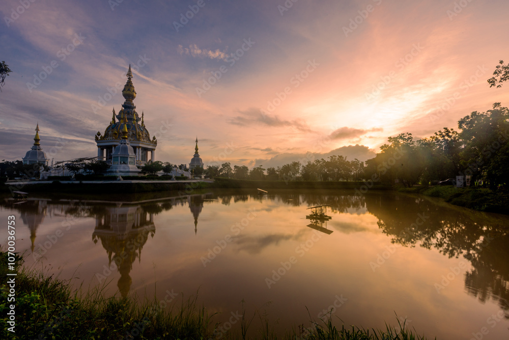 Fototapeta premium The background of an important tourist attraction in Khon Kaen Province (Wat Thung Setthi) is a large pagoda in the middle of a swamp, tourists always come to see the beauty in Thailand