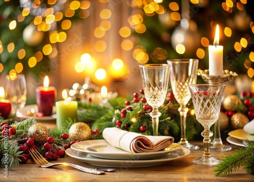 Elegant Christmas Dinner Table Setting with Beautiful Tableware and Holiday Decorations, Perfect for Festive Gatherings and Celebrations in a Cozy Atmosphere