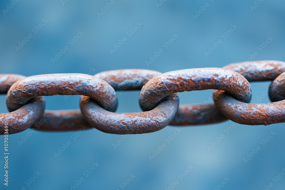 Close-up of a rusty metal chain against a blue background, symbolizing strength, connection, and aging. Detailed texture highlights corrosion and durability. Close-up of a rusty metal chain against a blue background, symbolizing strength, connection, and aging. Detailed texture highlights corrosion and durability.