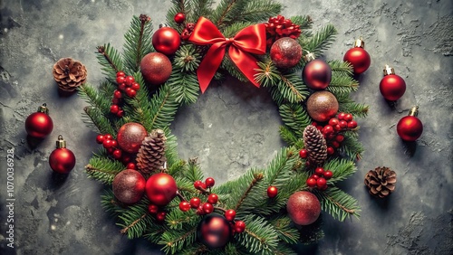 Elegant Christmas Wreaths with Red Decorations on Pastel Gray Background - A Cozy Flat Lay Composition for Winter and New Year Celebrations