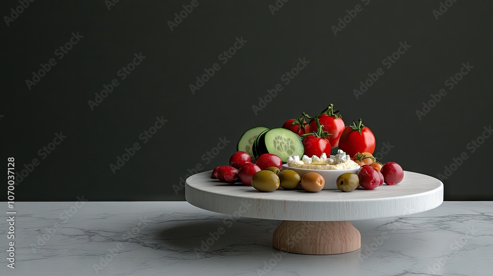 A vibrant Mediterranean breakfast spread on a rustic wooden board featuring fresh hummus, olives, cucumbers, and tomatoes at dawn A vibrant Mediterranean breakfast spread on a rustic wooden board featuring fresh hummus, olives, cucumbers, and tomatoes at dawn