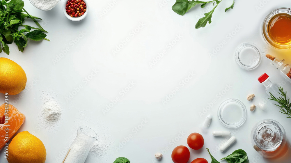 Food Science fruits, vegetables, and ingredients in lab Food Science fruits, vegetables, and ingredients in lab