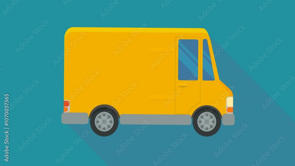 Animation loop of a yellow delivery van side view moving in flat design style on a blue background with long shadow Animation loop of a yellow delivery van side view moving in flat design style on a blue background with long shadow