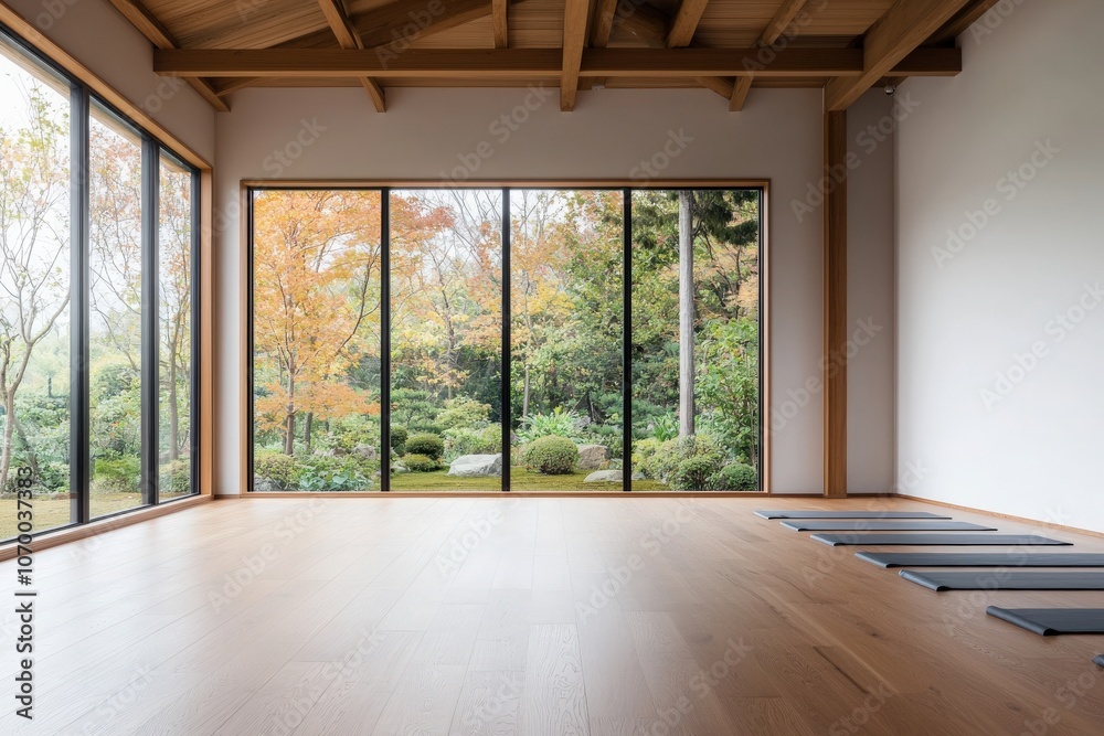 A serene indoor yoga space with large windows showcasing a tranquil garden view, perfect for relaxation and mindfulness. A serene indoor yoga space with large windows showcasing a tranquil garden view, perfect for relaxation and mindfulness.