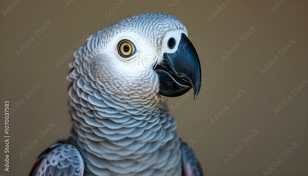 Fototapeta premium Close-up of African Grey Parrot showcasing vibrant gray feathers and striking red tail