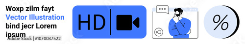 HD video icon, person thinking in chat window, percentage symbol. Ideal for web design, educational content, finance presentations, online courses, marketing materials, social media graphics, blogs