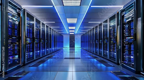 High-tech data center with rows of server racks and blue LED lighting, representing cloud computing, data storage, and digital infrastructure.