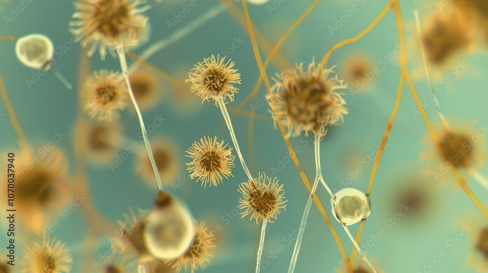 Obraz premium Close-up of microscope slide revealing intricate fungal spores, essential for research on fungal diseases and microbiology studies.