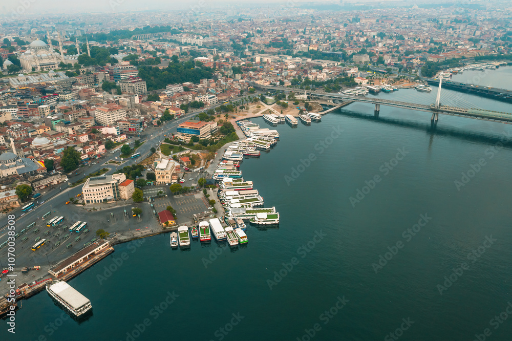 Istanbul Halic Metro Bridge. Halic Metro Bridge and city view. Blue sea in the background and magnificent view of Istanbul bridge views. Halic, Istanbul, Turkey. Istanbul Halic Metro Bridge. Halic Metro Bridge and city view. Blue sea in the background and magnificent view of Istanbul bridge views. Halic, Istanbul, Turkey.