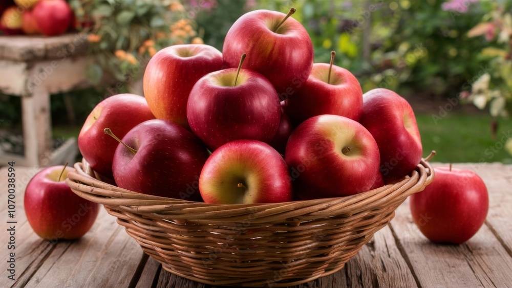 Red apple. Harvesting apples. Ripe juicy apples in a wicker basket against. Fresh organic food from farm Red apple. Harvesting apples. Ripe juicy apples in a wicker basket against. Fresh organic food from farm