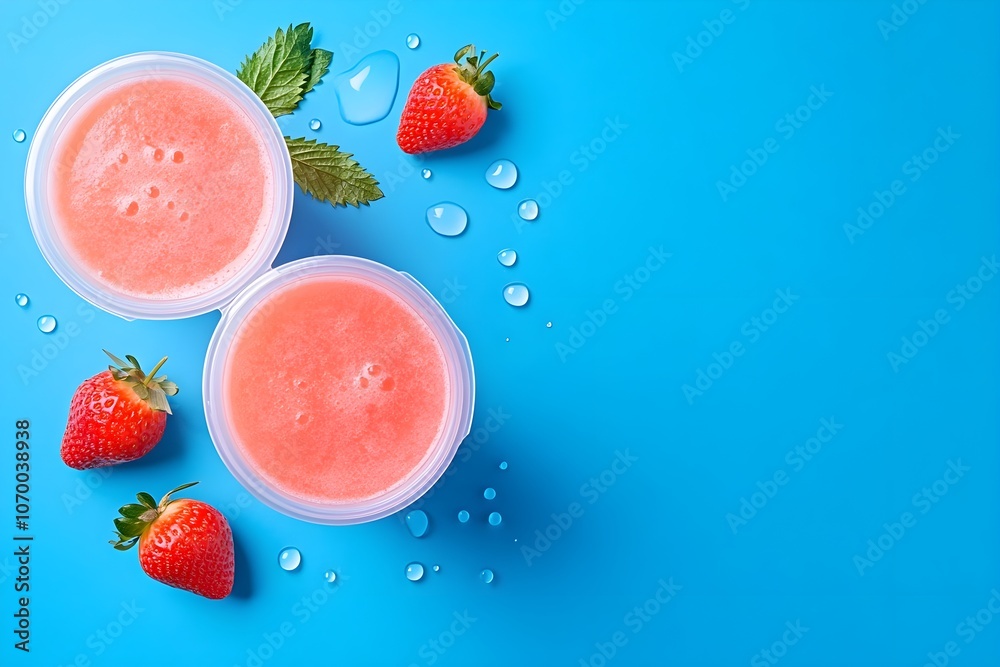 Two cups of strawberry juice with a strawberry on the table Two cups of strawberry juice with a strawberry on the table