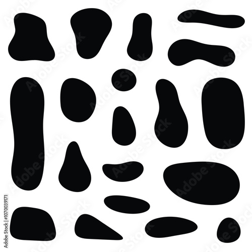 Irregular fluid bubbles. Organic flat blobs. Abstract liquid elements. Amoeba box template. Random wavy spots and curvy shapes.