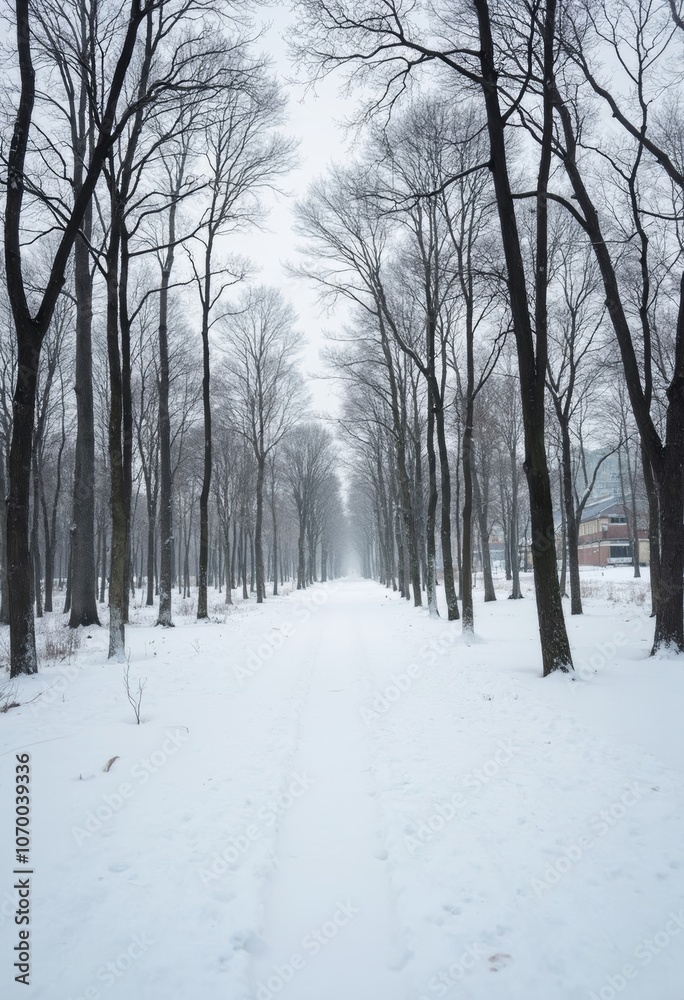 Obraz premium Winter Forest Landscape with Snowy Trees and Buildings for Backgrounds and Posters