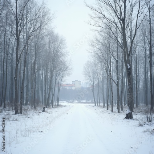 Winter Forest Scene with Snowy Trees and Distant Buildings for Educational Media
