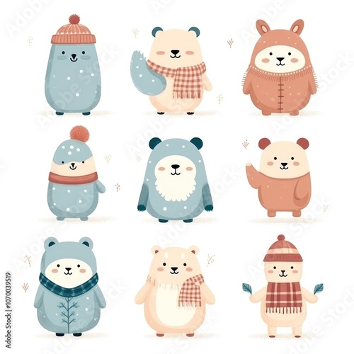 Cute winter animals in cozy hats and scarves for holiday season