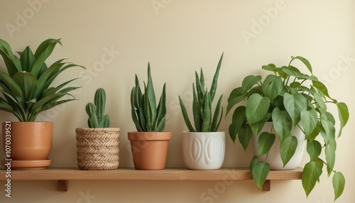 Wallpaper Mural Indoor plant collection with succulents, cactus, snake plant, and pothos on wooden shelf for home decor and office inspiration Torontodigital.ca