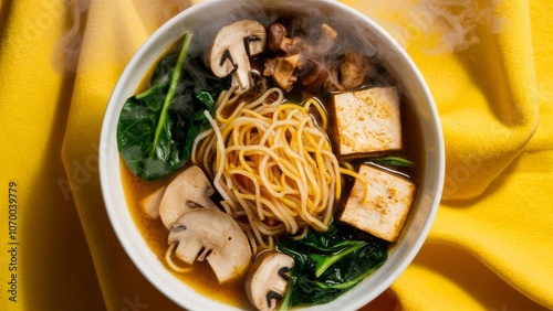 Bowl of vegan ramen noodles with tofu