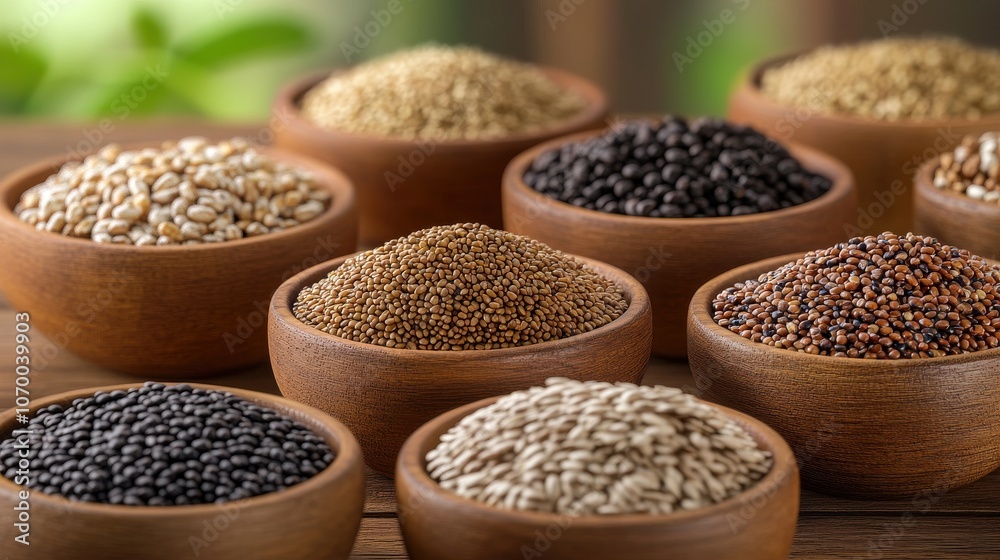 Assortment of various grains in wooden bowls, featuring quinoa, amaranth, teff, and millet, celebrating nutritious and diverse foods. Assortment of various grains in wooden bowls, featuring quinoa, amaranth, teff, and millet, celebrating nutritious and diverse foods.
