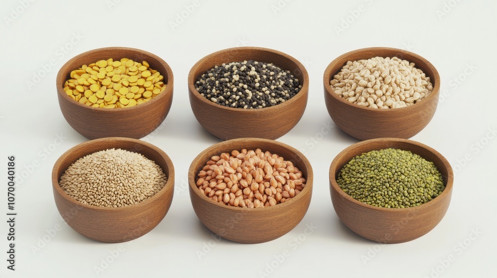 Assortment of various grains in wooden bowls, including lentils, quinoa, barley, millet, wheat, and mung beans, highlighting nutritious options. Assortment of various grains in wooden bowls, including lentils, quinoa, barley, millet, wheat, and mung beans, highlighting nutritious options.